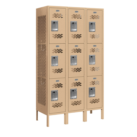 SALSBURY INDUSTRIES 3 Tier Vented Locker, 36"Wx66"Hx15"D, 9 Door, Tan, Unassembled 73355TN-U